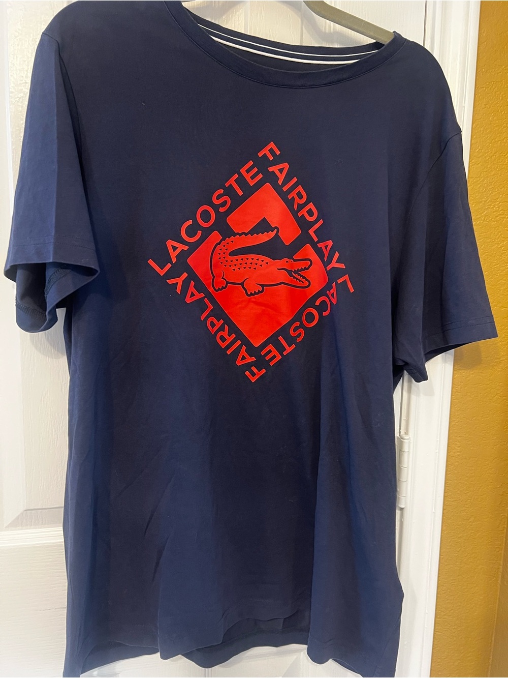 Lacoste Fairplay Ultra Dry Navy Graphic Tee with Red Logo, Size XL